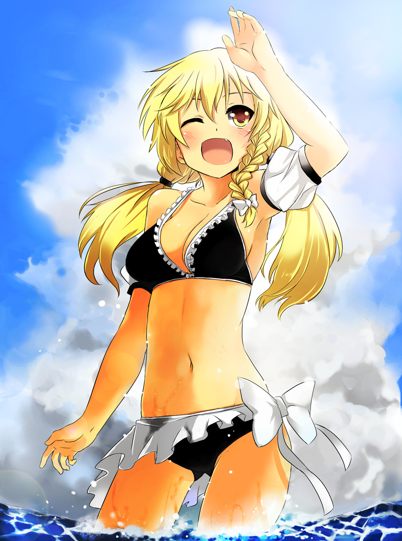 alternate_costume, alternate_hairstyle, armpits, bikini, black_bikini, blonde_hair, blue_sky, blush, braid, breasts, cleavage, cloud, detached_sleeves, face, fang, frilled_bikini, frills, hair_ribbon, hands, kirisame_marisa, long_hair, midriff, navel, no_hat, no_headwear, open_mouth, ribbon, shading_eyes, sideboob, sky, smile, solo, strap_gap, submerged, swimsuit, toichi, touhou, twintails, wading, water, wet, wink, yellow_eyes