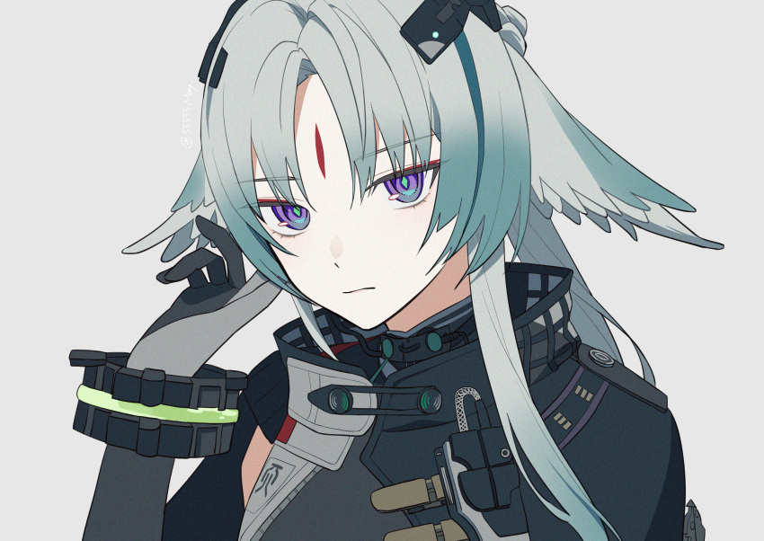 1girl, 55555may, absurdres, animal_ears, arcane_(arknights), arknights, arknights:_endfield, bird_ears, bird_girl, black_jacket, blue_eyes, bracelet, commentary, gloves, grey_gloves, grey_hair, head_wings, highres, jacket, jewelry, long_hair, looking_at_viewer, portrait, simple_background, solo, white_background, wings
