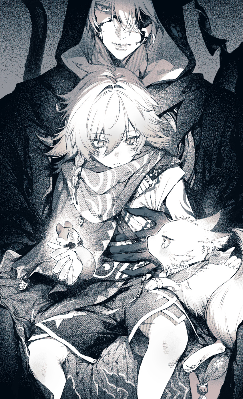 2boys, animal, animal_hands, braid, cat, cat_paws, flame_reaver_of_the_deepest_dark, greyscale