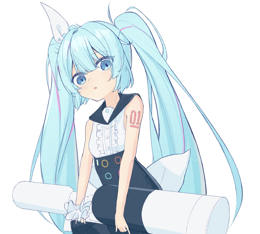 absurdres, bare_arms, blue_archive, blush, cowboy_shot, hatsune_miku, hatsune_miku_(blue_archive), high-waist_skirt