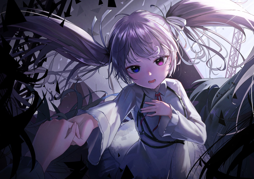 25-ji_miku, 25-ji_nightcord_de._(project_sekai), absurdres, blush, chest_harness, commentary_request, dress, grey_hair