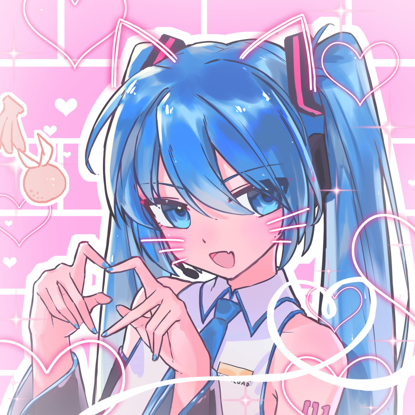 absurdres, blue_eyes, blue_hair, blush, detached_sleeves, four-finger_heart_hands, hatsune_miku, headset