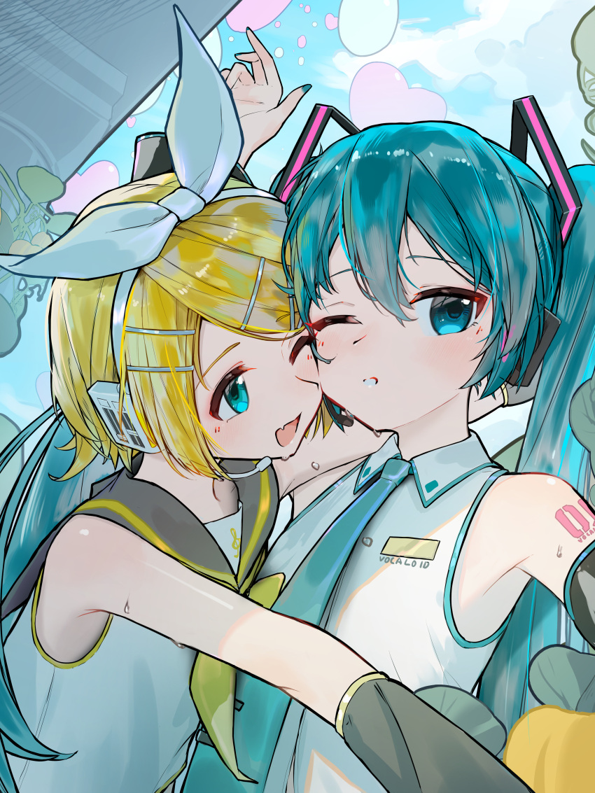 2girls, absurdres, blonde_hair, bow_hairband, breasts, commentary_request, detached_sleeves, green_hair
