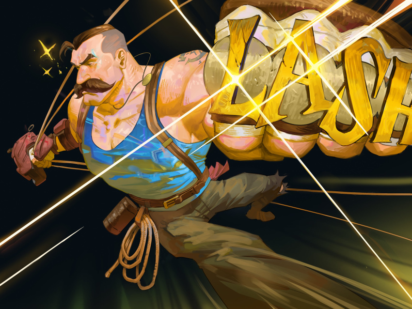 1boy, absurdres, brass_knuckles, brown_hair, character_name, closed_eyes, deadlock_(game), earrings, english_text, facial_hair, hieumay, highres, jewelry, lash_(deadlock), male_focus, muscular, muscular_male, mustache, rope, shirt, solo, sparkle, tank_top, weapon