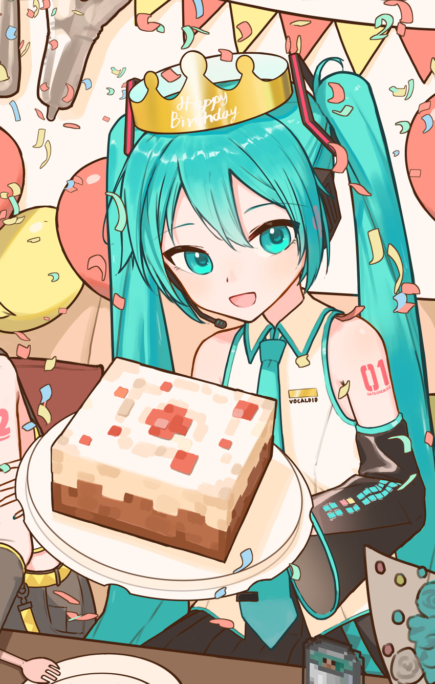 absurdres, bare_shoulders, cake, commentary_request, detached_sleeves, dishes, food, green_eyes