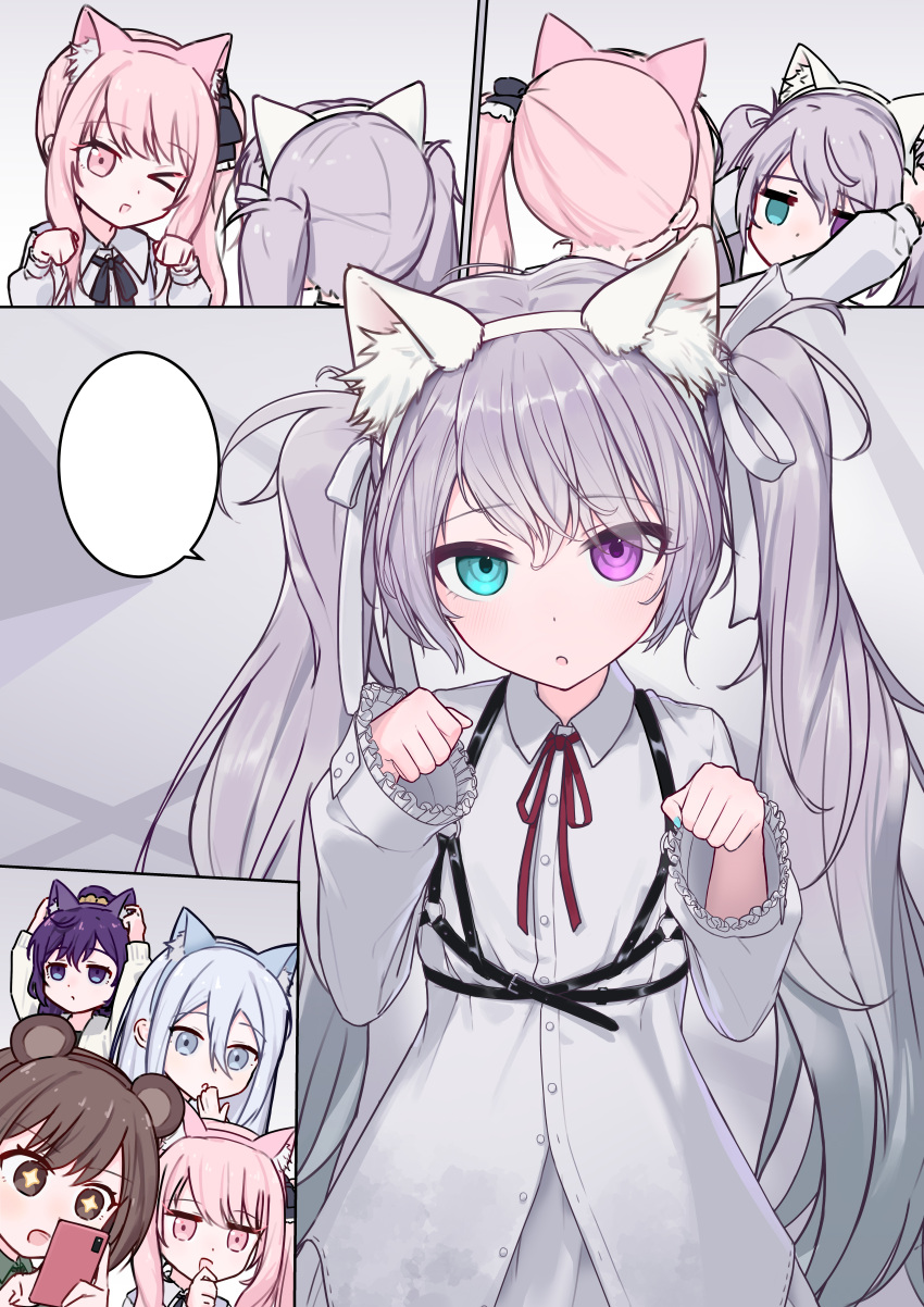 25-ji_nightcord_de._(project_sekai), absurdres, animal_ears, blank_speech_bubble, cat_ears, chest_harness, commentary_request, grey_hair, hairband, harness, hatsune_miku, heterochromia, highres, kumo_no_ito_(jypu4473), multiple_girls, paw_pose, simple_background, speech_bubble, twintails, vocaloid