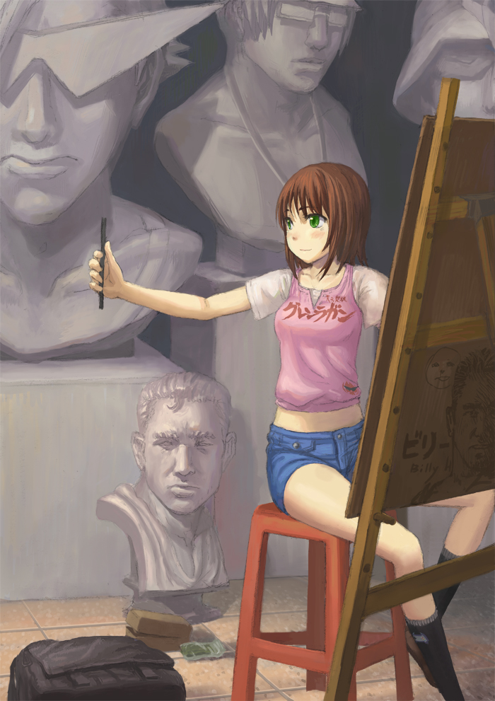 brown_hair, bust, char_aznable, denim, denim_shorts, easel, glasses, green_eyes