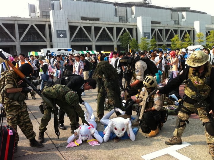 6+boys, acog, assault_rifle, balaclava, black_eyes, black_hair, blue_eyes, boonie_hat