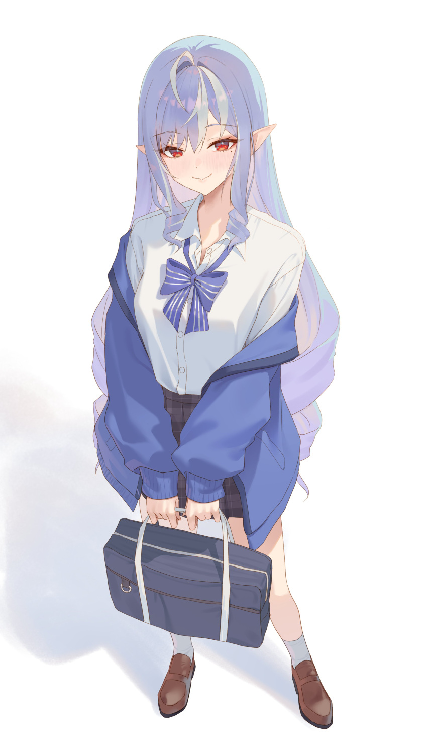 1girl, absurdres, alternate_costume, bag, blue_jacket, blush, bow, bowtie
