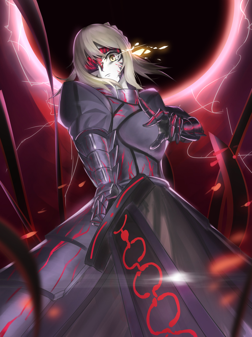 absurdres, angra_mainyu_(fate), armor, artoria_pendragon_(fate), aura, blonde_hair, body_markings, corruption, dark_aura, dark_persona, excalibur_morgan_(fate), facial_mark, fate/grand_order, fate/stay_night, fate_(series), glowing, glowing_eyes, grail_beast, highres, holding, holding_sword, holding_weapon, looking_at_viewer, mask, pale_skin, possessed, pov, rebel_i, saber_alter, shadow_(fate/stay_night), sword, weapon, yellow_eyes