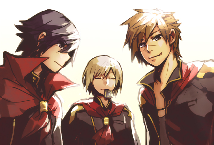 3boys, ace_(fft-0), black_hair, black_jacket, blonde_hair, brown_hair, cape, card_in_mouth