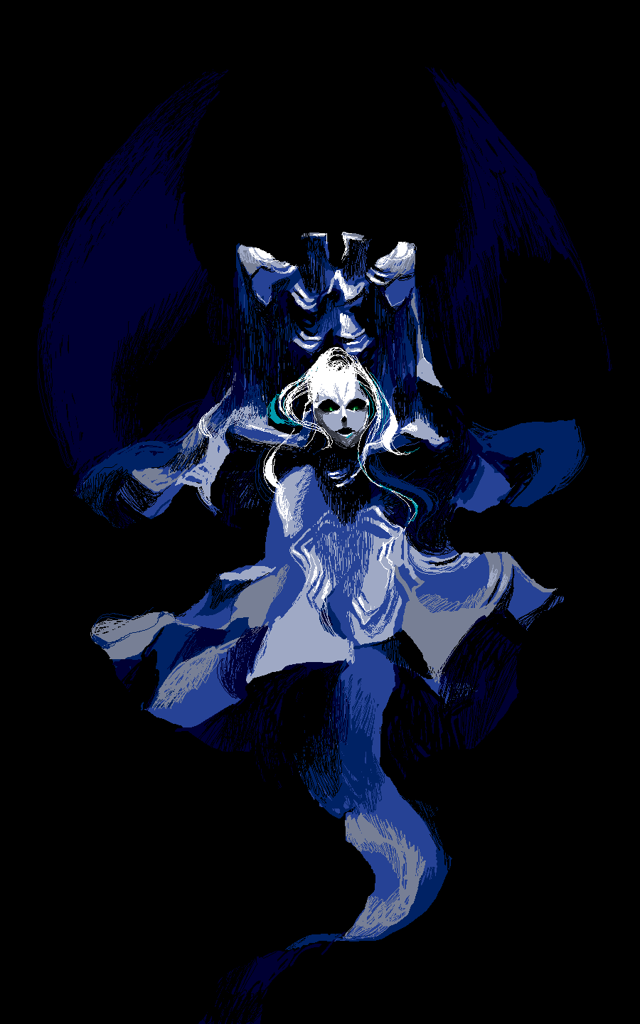 1girl, abstract, black_background, blue_theme, disembodied_head, dress, dullahan, eico