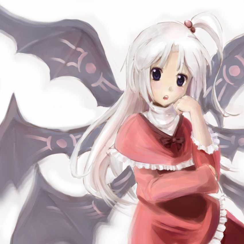 :o, blue_eyes, capelet, frills, goddess, hadurin_(zdmzy), hair_bobbles, hair_ornament, highres, long_hair, multiple_wings, shinki, side_ponytail, solo, touhou, turtleneck, white_hair, wings