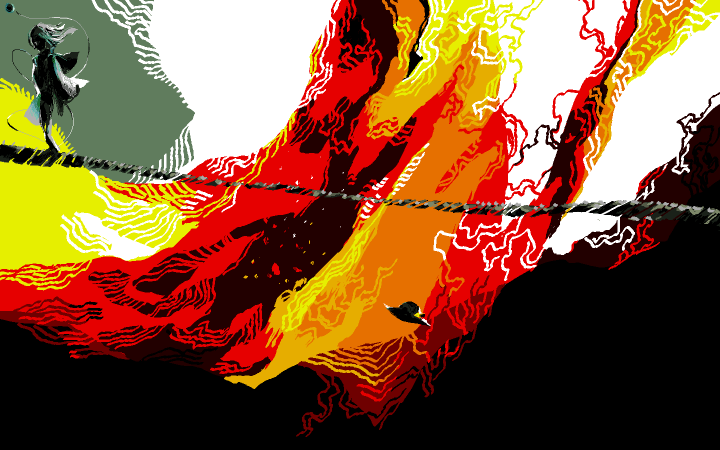 1girl, abstract, bridge, colorful_background, commentary_request, eico, facing_viewer, falling_object