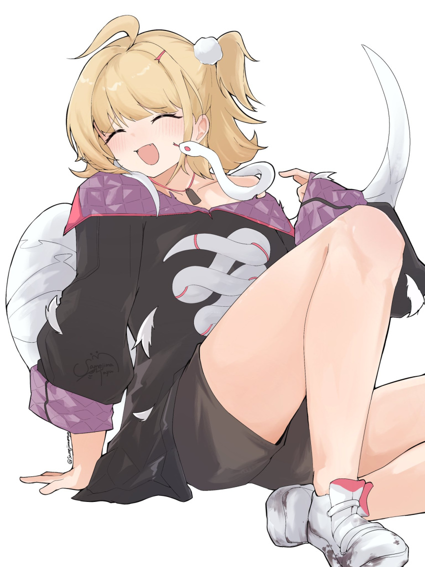ahoge, arm_support, black_shirt, blonde_hair, blush, brown_shorts, chalky_(zenless_zone_zero), cissia_(zenless_zone_zero)