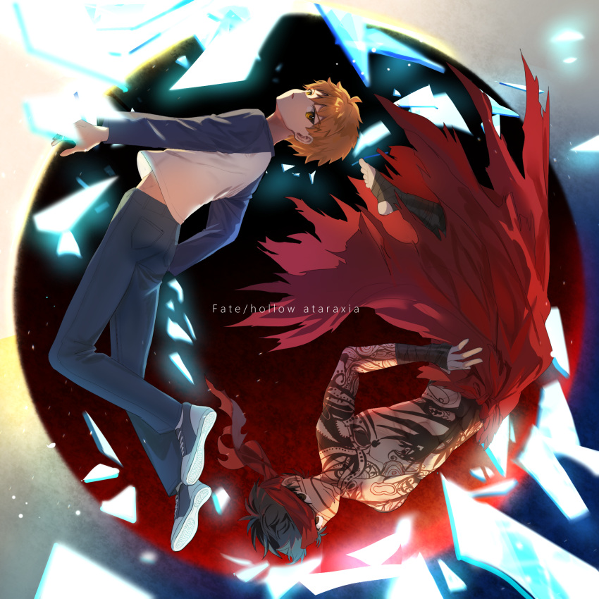 2boys, angra_mainyu_(fate), bandana, bare_shoulders, black_hair, body_markings, broken_glass, commentary_request, dark_persona, dual_persona, emiya_shirou, english_text, facial_tattoo, fate/hollow_ataraxia, fate/stay_night, fate_(series), full-body_tattoo, glass, grail_beast, harimoto_09, highres, looking_at_viewer, looking_back, multiple_boys, orange_eyes, orange_hair, pants, possessed, shirt, shoes, short_hair, tattoo, teeth, type-moon, yellow_eyes