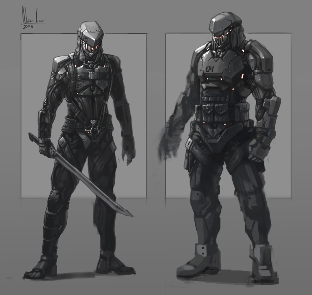 android, armor, cyberpunk, cyborg, helmet, katana, mecha, military