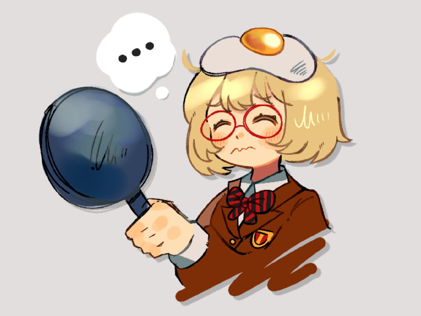 ..., 1girl, 39w8epp8pk, blazer, blonde_hair, bow, bowtie, closed_eyes, cola_(kibyland), fried_egg, frying_pan, glasses, grey_background, highres, jacket, mii_(nintendo), red-framed_eyewear, school_uniform, short_hair, solo, spoken_ellipsis, striped_bow, tomodachi_life, tomodachi_life:_living_the_dream, upper_body