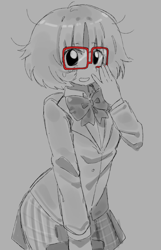 1girl, blazer, blush, bow, bowtie, cola_(kibyland), glasses, grey_background