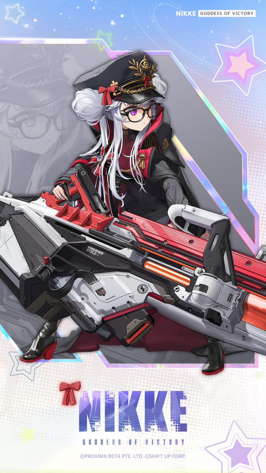1girl, avistar_(nikke), black-framed_eyewear, black_boots, black_dress, black_jacket, black_thighhighs, boots, bow, closed_mouth, commentary_request, double_bun, dress, goddess_of_victory:_nikke, grey_hair, gun, hair_bun, hat, high_heels, highres, jacket, long_sleeves, looking_at_viewer, machine_gun, military_uniform, official_art, peaked_cap, rectangular_eyewear, red_bow, solo, squatting, thigh-highs, twintails, violet_eyes, weapon