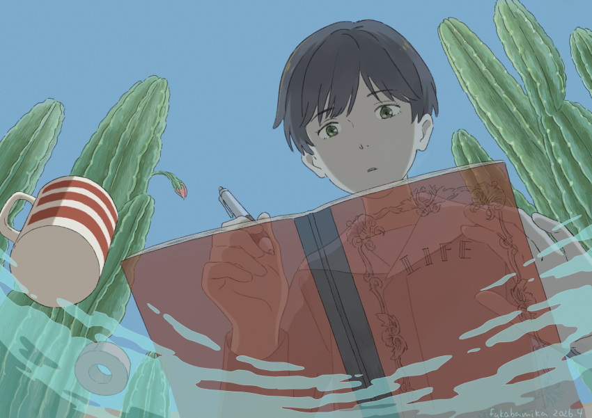 1girl, artist_name, bud, cactus, commentary_request, cup, dated, day