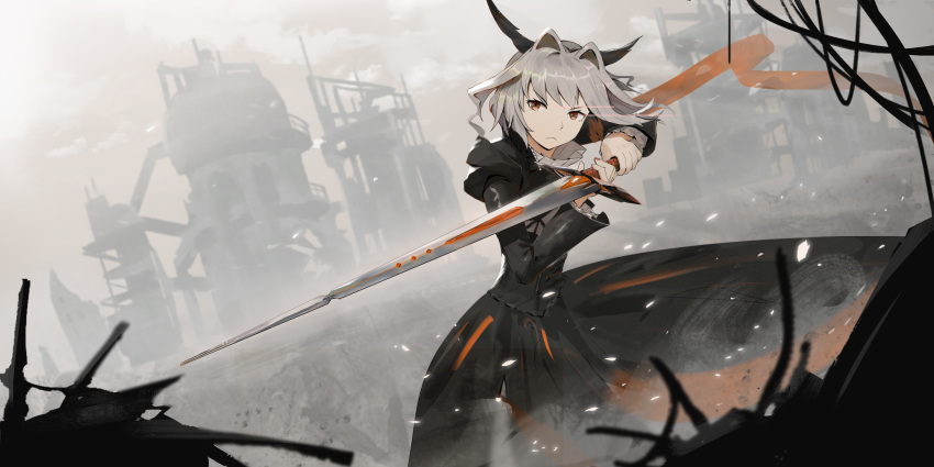 1girl, amberholger, arknights, black_dress, brown_eyes, closed_mouth, commentary_request, dragon_girl, dragon_horns, dress, grey_hair, hair_intakes, highres, holding, holding_sword, holding_weapon, horns, juliet_sleeves, long_sleeves, looking_at_viewer, outdoors, puffy_sleeves, ruins, sky, solo, standing, sword, talulah_(arknights), weapon