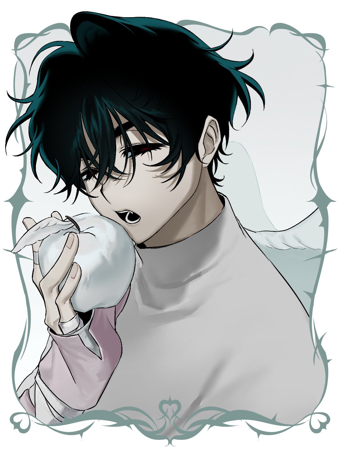 1boy, alien_stage, angel_wings, apple, black_hair, commentary, english_commentary, food