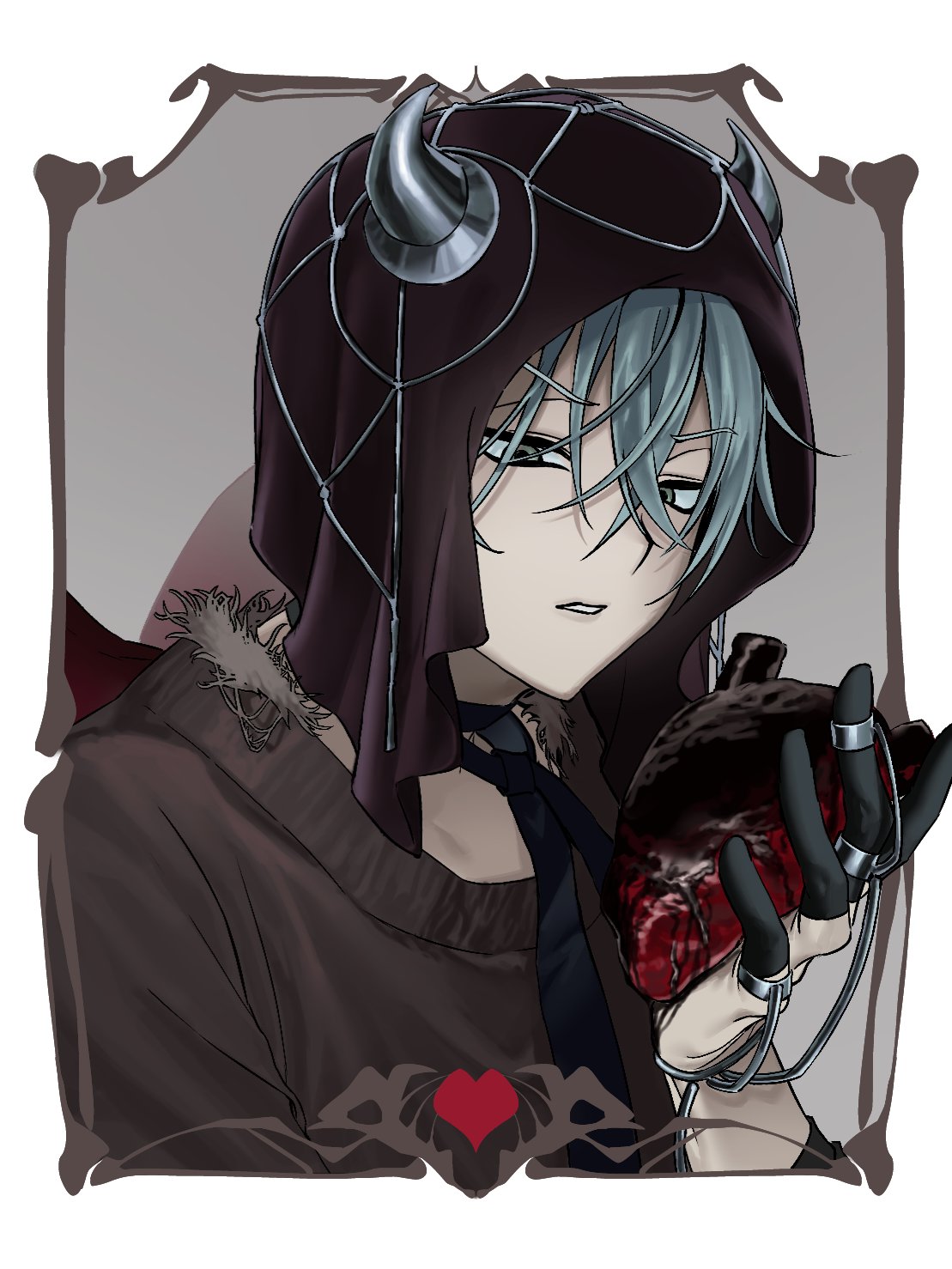 1boy, alien_stage, black_sweater, black_veil, commentary, demon_horns, english_commentary, grey_eyes