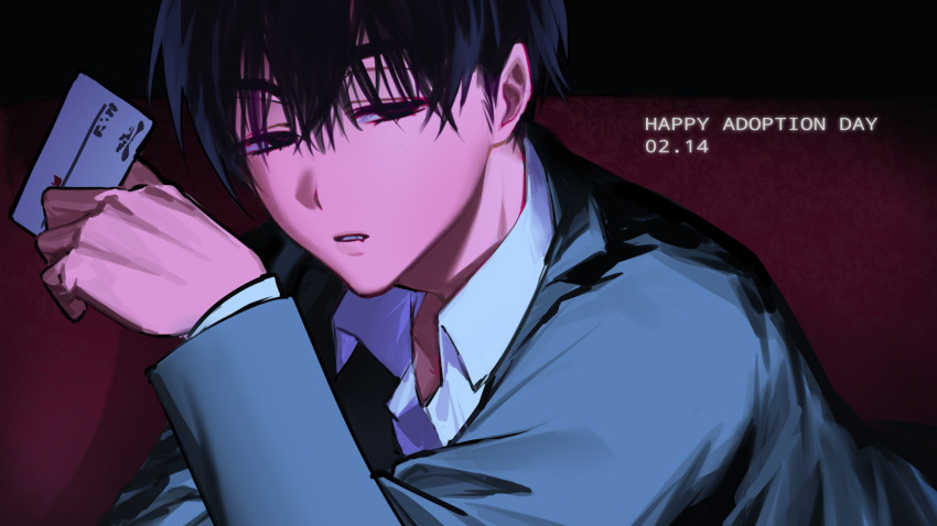1boy, alien_stage, birthday, black_eyes, black_hair, black_jacket, business_card, card, collared_shirt, commentary, dated, english_commentary, english_text, fang, highres, holding, holding_card, ivan_(alien_stage), jacket, male_focus, parted_lips, red_background, ricky_(902x229), shirt, short_hair, solo, suit_jacket, very_short_hair, white_shirt