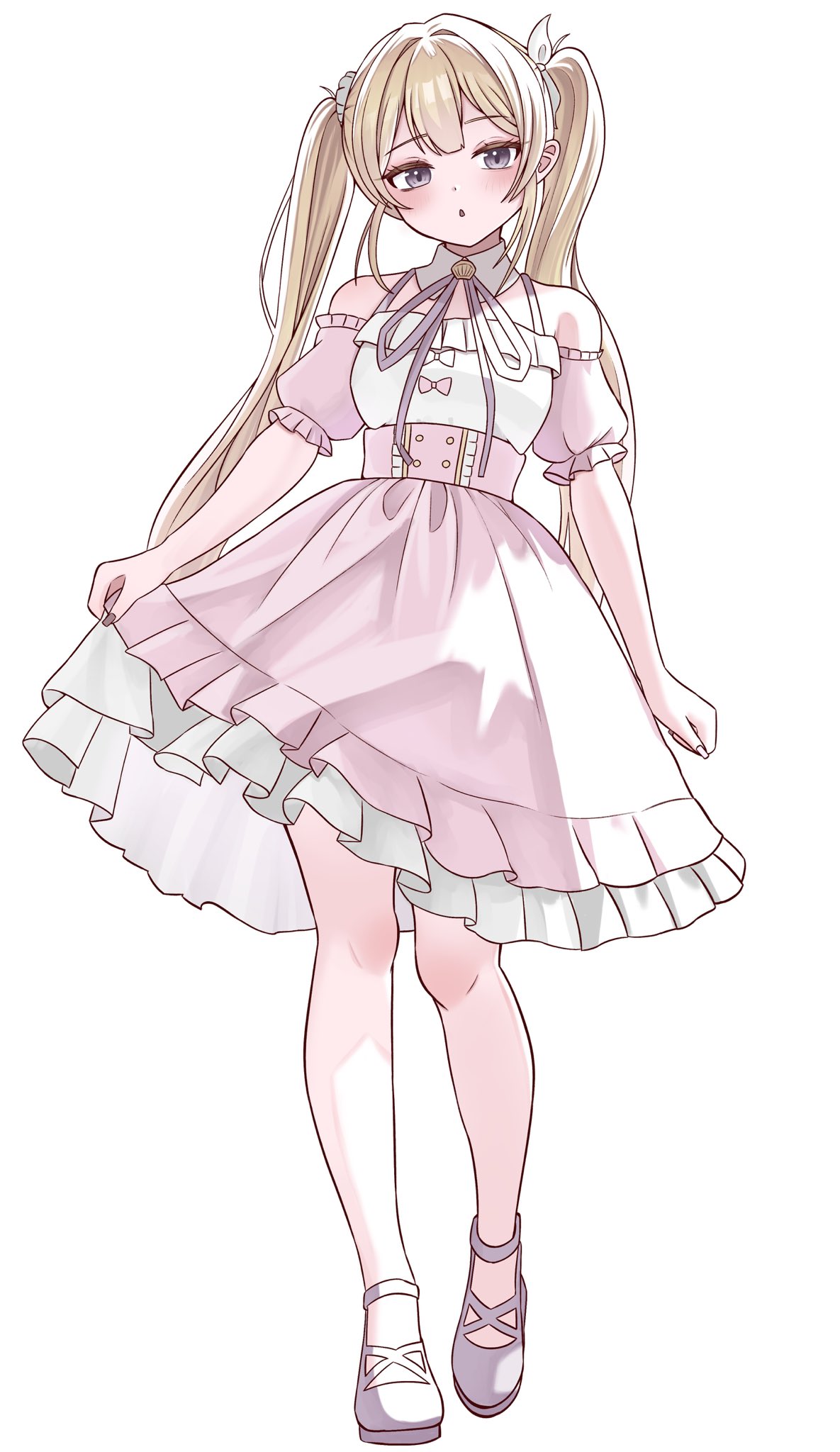 1girl, bare_shoulders, blonde_hair, blush, bow, chestnut_mouth, commentary, detached_collar, detached_sleeves, eyelashes, frilled_shirt, frilled_skirt, frilled_sleeves, frills, full_body, grey_eyes, hair_intakes, hair_ribbon, high-waist_skirt, highres, holding_own_skirt, kanikure12, long_hair, long_ribbon, looking_at_viewer, mary_janes, nail_polish, neck_ribbon, no_socks, open_mouth, original, petticoat, pink_bow, pink_nails, pink_skirt, puffy_short_sleeves, puffy_sleeves, purple_ribbon, purple_shoes, ribbon, shirt, shoes, short_sleeves, sidelighting, sidelocks, simple_background, skirt, sleeveless, sleeveless_shirt, solo, standing, straight_hair, twintails, upskirt, very_long_hair, white_background, white_bow, white_ribbon, white_shirt