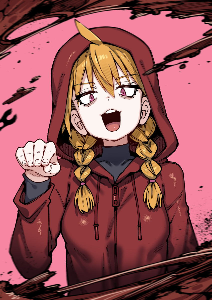 1girl, absurdres, ahoge, blood, braid, coat, commentary_request, gabu_(yomi_no_tsugai), hair_between_eyes, highres, hood, hood_up, hoodie, looking_at_viewer, open_mouth, orange_hair, pink_background, red_coat, red_hoodie, solo, teeth, twin_braids, upper_body, upper_teeth_only, violet_eyes, wanderjegson, yomi_no_tsugai, zipper_pull_tab