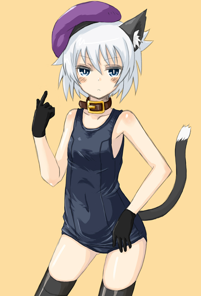 animal_ears, bare_shoulders, beret, black_legwear, blue_eyes, blush, body_blush, cat_ears