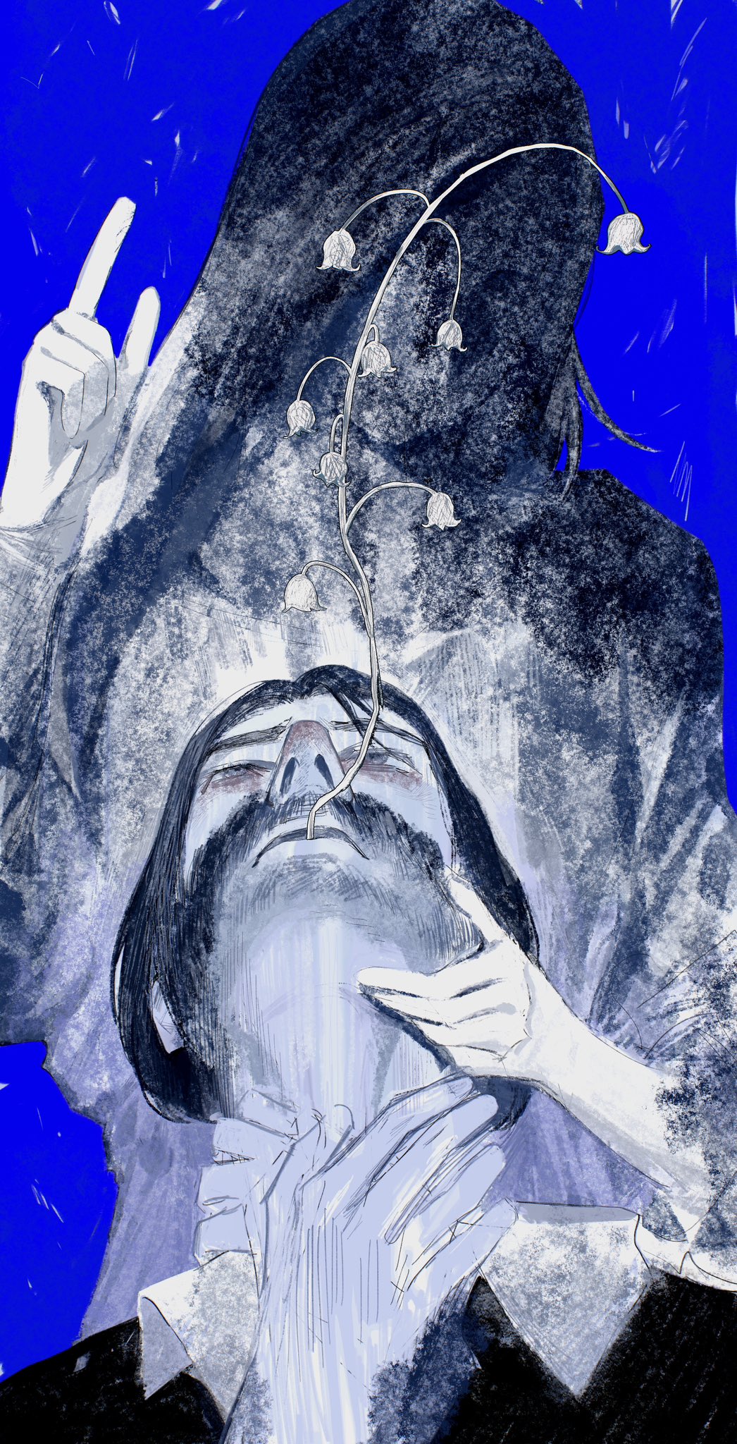 1boy, 1girl, blue_background, coughing_flowers, disco_elysium, dolores_dei, dora_ingerlund, facial_hair