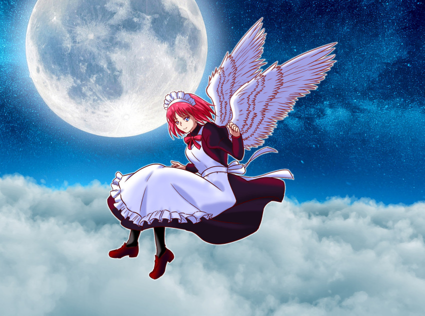 1girl, above_clouds, apron, blue_eyes, brown_shoes, closed_mouth, clouds, hand_up