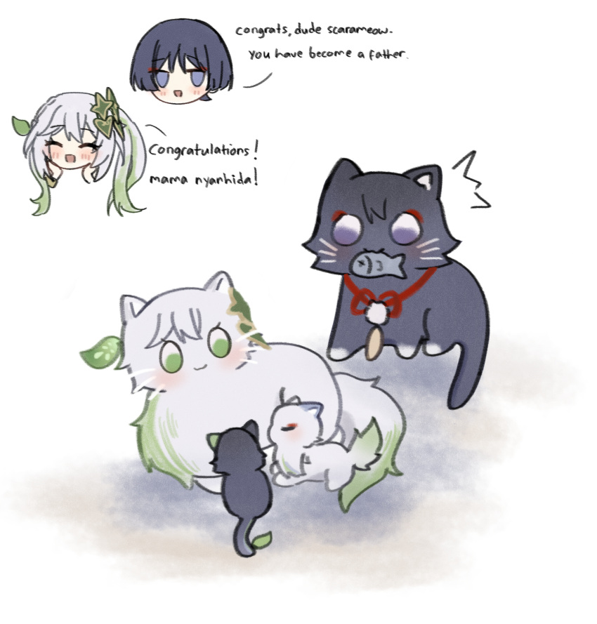 1boy, 1girl, aichiroo, animalization, asymmetrical_sidelocks, baby_animal, black_cat, black_hair