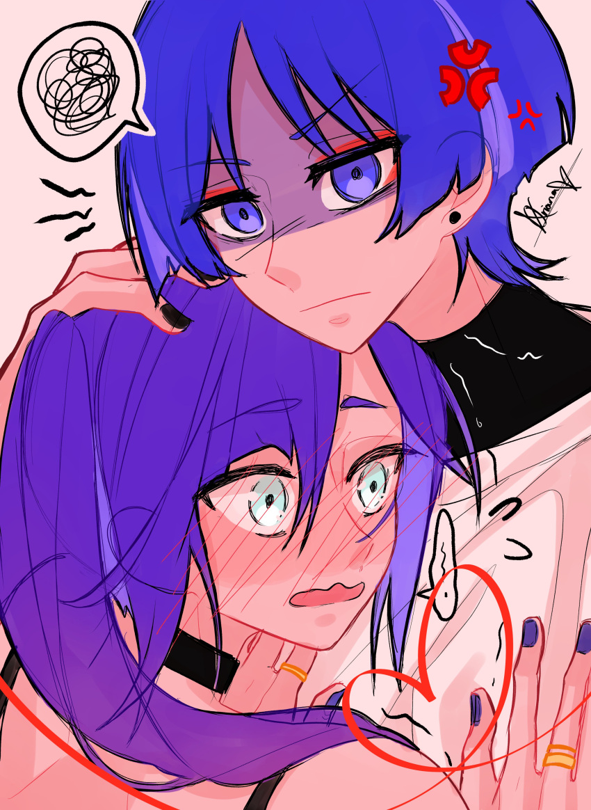 1boy, 1girl, absurdres, alternate_costume, anger_vein, aqua_eyes, artist_name, black_choker, black_nails, black_shirt, blunt_bangs, blunt_ends, blush, casual, choker, closed_mouth, contemporary, couple, eyeliner, full_face_makeup, genshin_impact, glaring, gold_ring, hair_between_eyes, hand_on_another's_head, hands_on_another's_chest, hetero, highres, layered_shirt, long_hair, looking_at_viewer, looking_to_the_side, makeup, middle_ring, mona_(genshin_impact), open_mouth, oriana0w0, possessive, purple_hair, purple_nails, red_eyeliner, scaramouche_(genshin_impact), shaded_face, shirt, sidelocks, signature, spaghetti_strap, squiggle, swept_bangs, turtleneck, turtleneck_shirt, twintails, violet_eyes, white_background, white_shirt