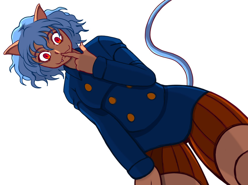 1other, absurdres, androgynous, animal_ears, baratrums_devil, cat_ears, cat_tail, chimera_ant, cowboy_shot, curly_hair, highres, hunter_x_hunter, long_sleeves, looking_at_viewer, neferpitou, other_focus, red_eyes, short_hair, shorts, simple_background, smile, solo, tail, white_background