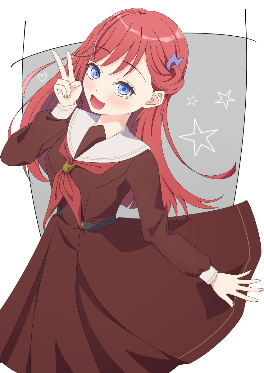 1girl, :d, absurdres, blue_eyes, border, brown_dress, commentary_request, cowboy_shot