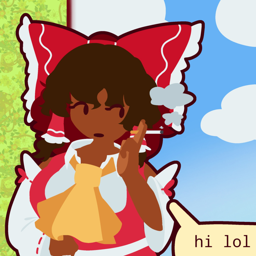 1girl, alternate_skin_color, ascot, bow, brown_eyes, brown_hair, cigarette, clouds
