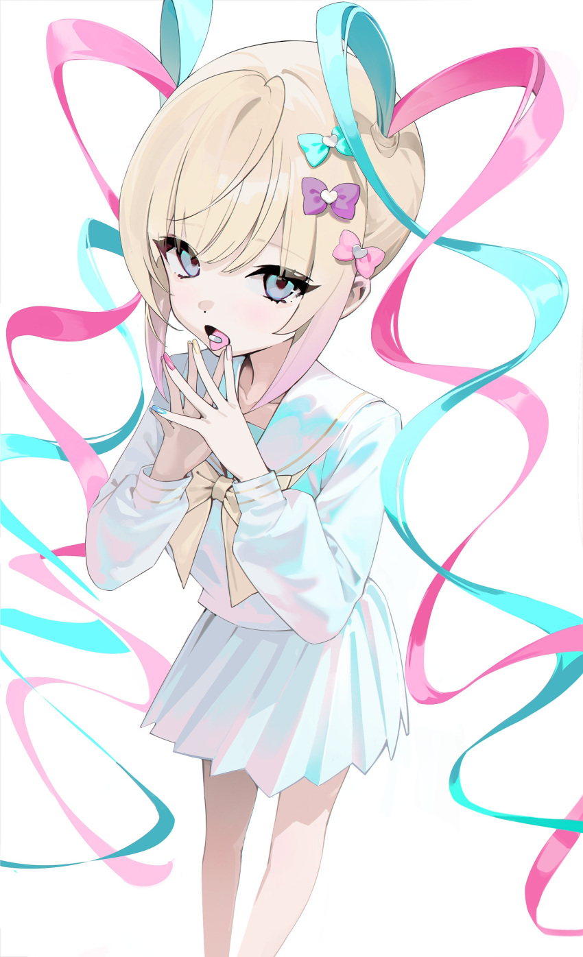 1girl, absurdres, blonde_hair, blue_bow, blue_eyes, blue_hair, blue_nails, blue_serafuku