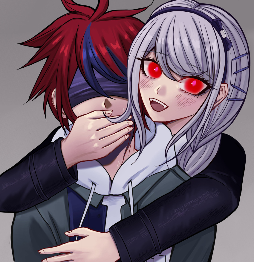 1boy, 1girl, absurdres, blindfold, box_of_calamity_(hundred_line), braid, g'ie_(hundred_line), grey_background, hand_on_another's_mouth, headband, highres, hood, hoodie, kirifuji_nozomi, myeternal_moon, possessed, red_eyes, red_hair, sumino_takumi, the_hundred_line_-last_defense_academy-, white_hair