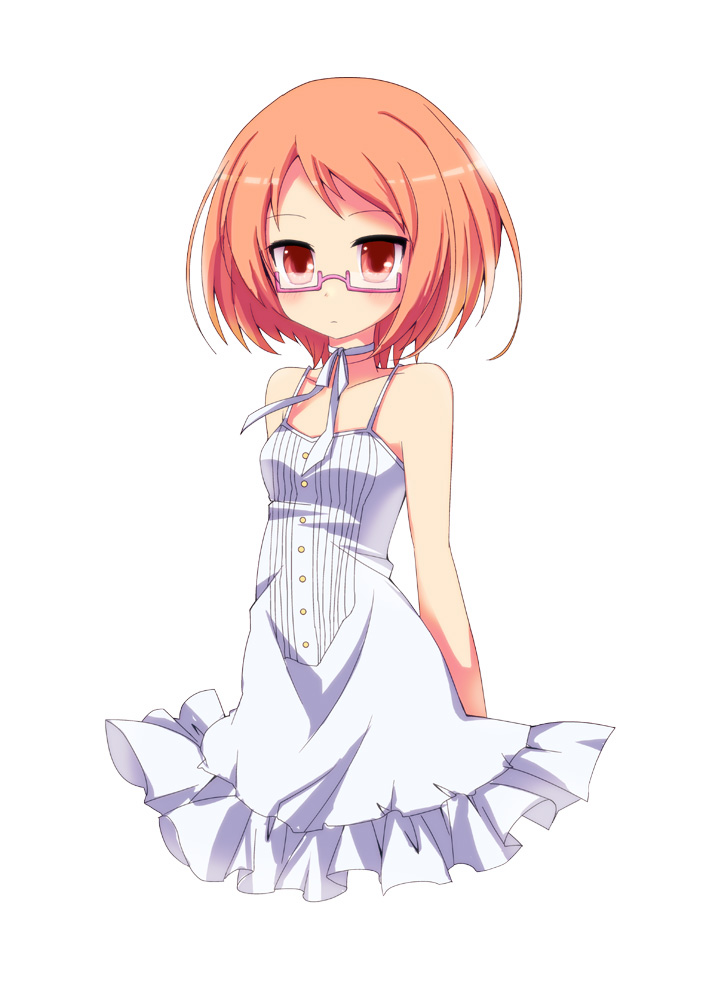 bad_id, bare_shoulders, blush, dress, glasses, neck_ribbon, no_legs, orange_eyes