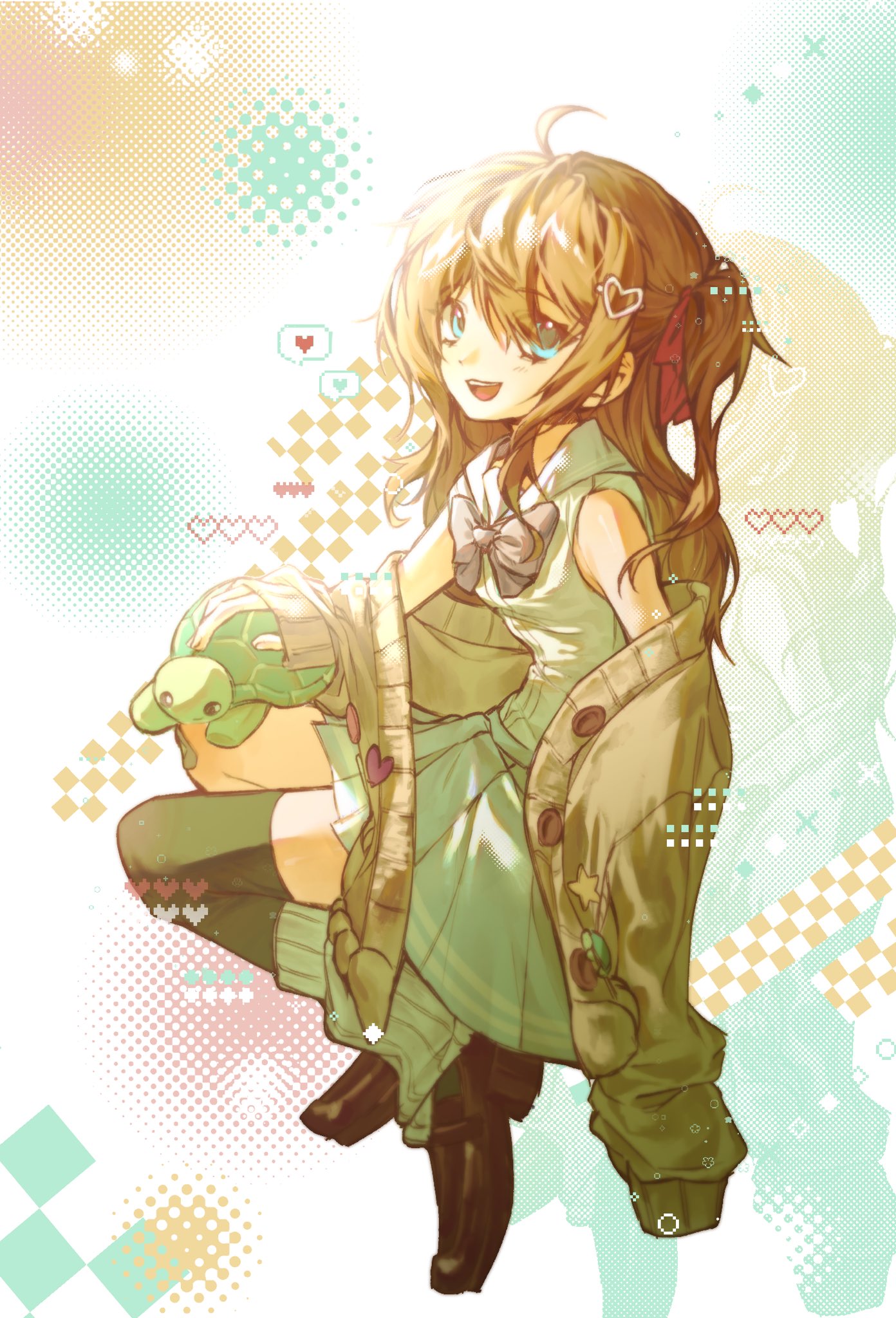 0419sbn, 1girl, ahoge, asymmetrical_legwear, badge, black_bow, black_bowtie, black_shoes