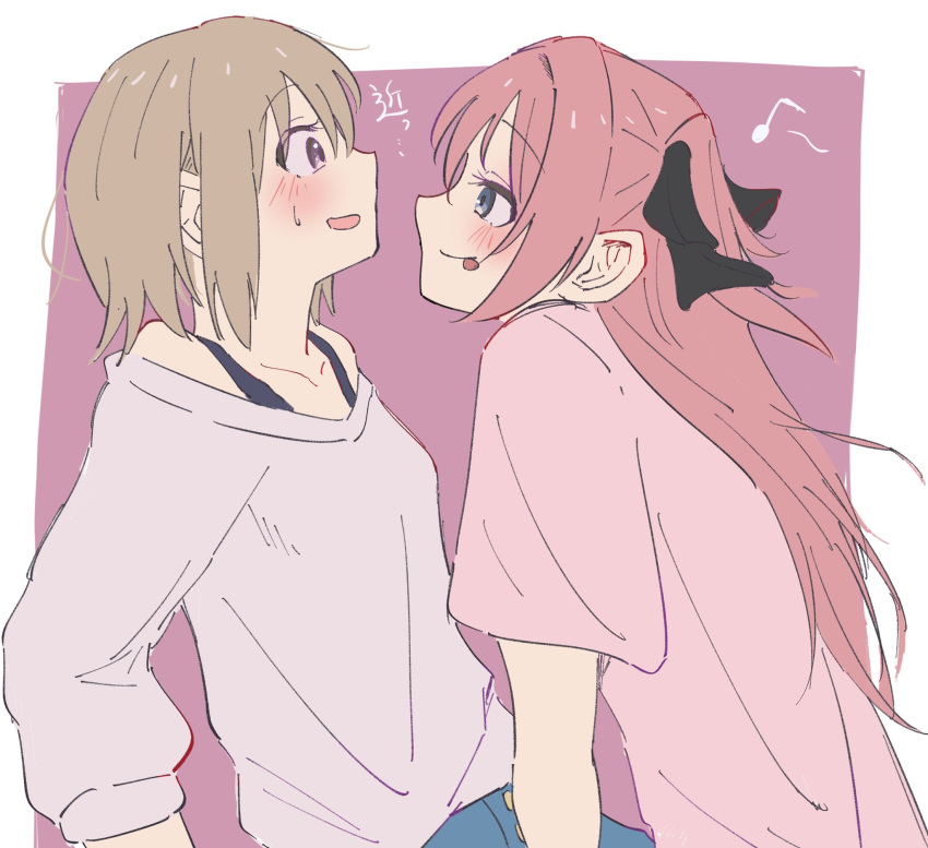 2girls, black_ribbon, blue_eyes, brown_hair, commentary_request, dokusai_0207, eighth_note, eye_contact