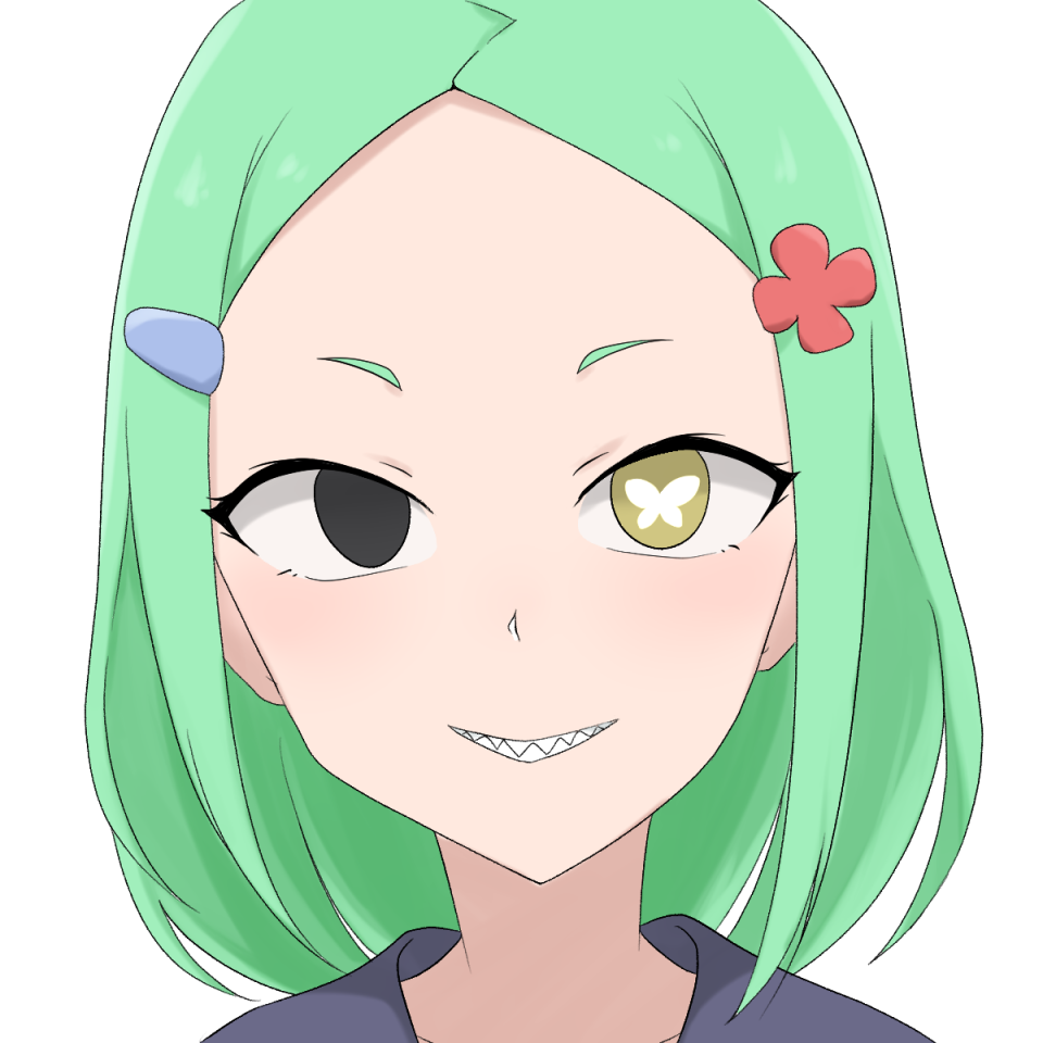 1girl, 9rimson, black_eyes, butterfly-shaped_pupils, commentary_request, forehead, green_hair, grin