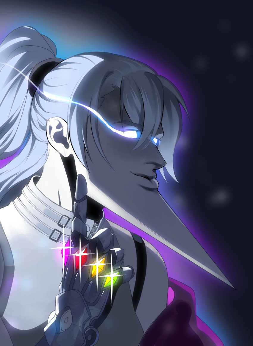 1girl, absurdres, anatomical_nonsense, aura, comically_sharp_chin, commentary, finger_to_own_chin, gauntlets