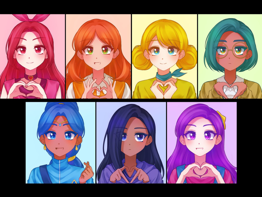 6+girls, black_eyes, black_hair, blonde_hair, blue_background, blue_eyes, blue_hair, blue_sapphire_(rainbow_bubblegem)