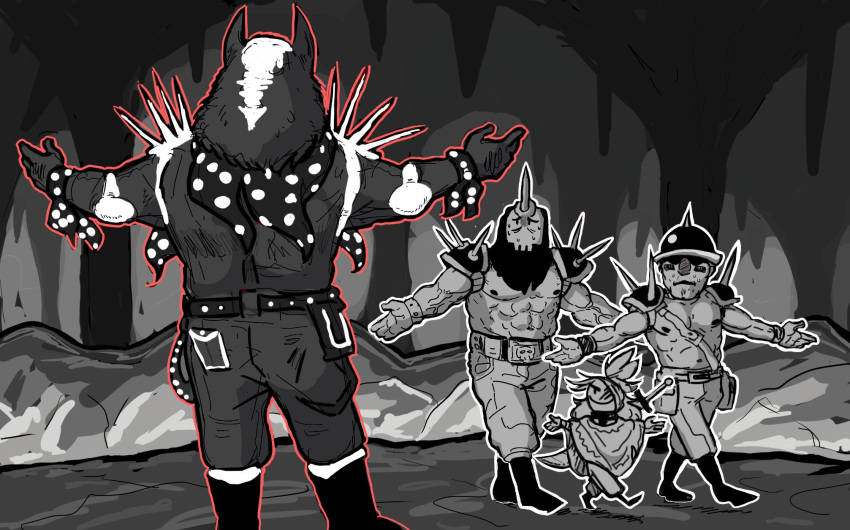 1girl, 3boys, abs, animal_ears, biceps, big_lincoln_(lisa), buddy_(lisa), burningtoast5