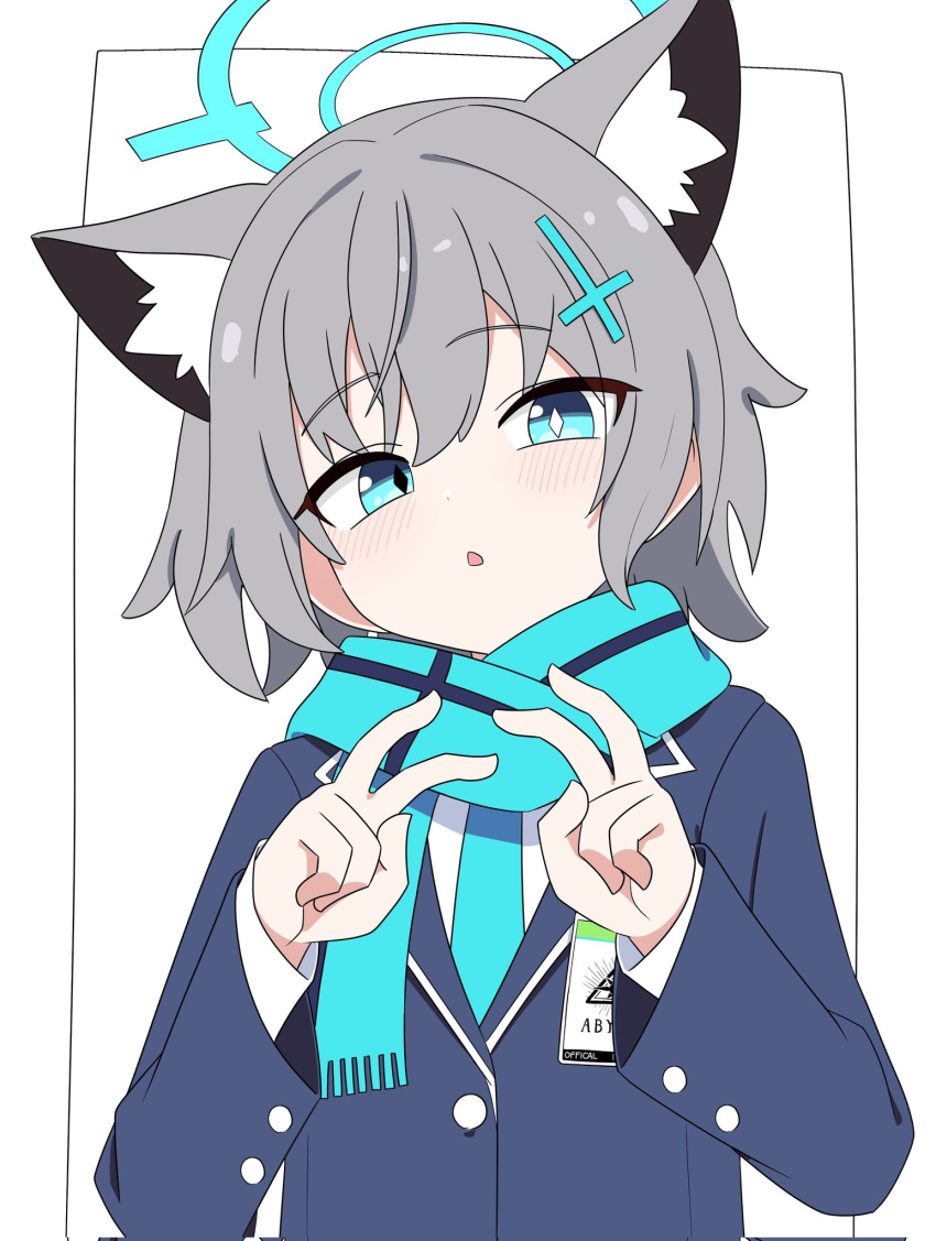 1girl, abydos_high_school_logo, animal_ear_fluff, animal_ears, bent_v, blazer, blue_archive, blue_eyes