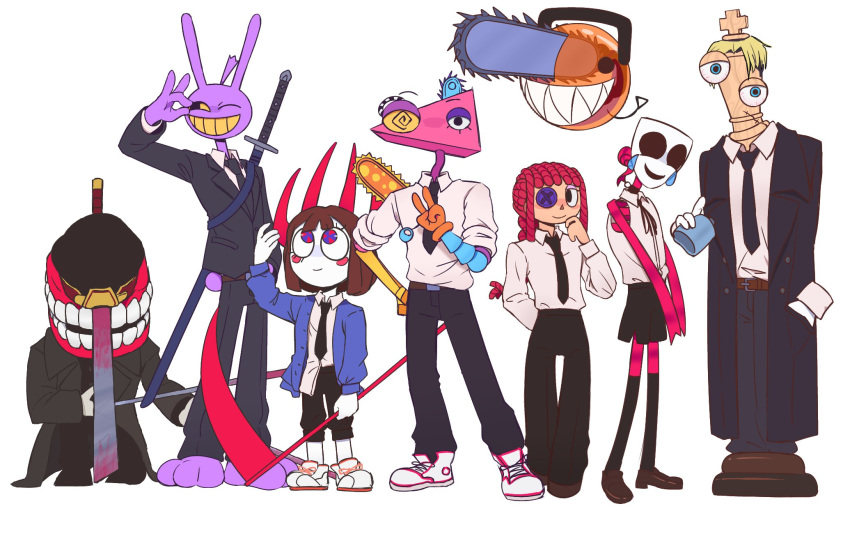 1other, 3boys, 3girls, animal_ears, black_coat, black_eyes, black_hat, black_jacket, black_necktie, black_pants, black_skirt, blonde_hair, blue_eyes, blue_jacket, brown_hair, bubble_(the_amazing_digital_circus), button_eyes, buttons, caine_(the_amazing_digital_circus), chainsaw, chainsaw_man, chess_piece, coat, collared_shirt, commentary, cosplay, denji_(chainsaw_man), denji_(chainsaw_man)_(cosplay), english_commentary, furry, furry_male, gangle_(the_amazing_digital_circus), ganglenjoyer0, hat, hayakawa_aki, hayakawa_aki_(cosplay), highres, hip_flask, holding, holding_scythe, horns, jacket, jax_(the_amazing_digital_circus), katana, katana_man_(chainsaw_man), katana_man_(chainsaw_man)_(cosplay), king_(chess), kinger_(the_amazing_digital_circus), kishibe_(chainsaw_man), kishibe_(chainsaw_man)_(cosplay), makima_(chainsaw_man), makima_(chainsaw_man)_(cosplay), mask, multiple_boys, multiple_girls, necktie, pants, pochita_(chainsaw_man), pochita_(chainsaw_man)_(cosplay), pomni_(the_amazing_digital_circus), power_(chainsaw_man), power_(chainsaw_man)_(cosplay), rabbit_boy, rabbit_ears, ragatha_(the_amazing_digital_circus), red_eyes, red_hair, red_horns, red_ribbon, reze_(chainsaw_man), reze_(chainsaw_man)_(cosplay), ribbon, scythe, sheath, sheathed, shirt, skirt, sleeveless, sleeveless_shirt, sword, teeth, the_amazing_digital_circus, triangle, weapon, white_background, white_shirt, zooble_(the_amazing_digital_circus)